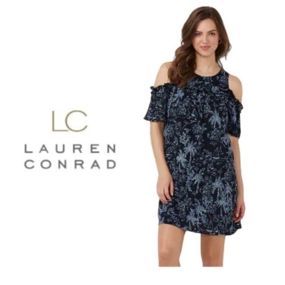 LC Lauren Conrad Women Black Blue Tropical Cold Shoulder Sundress Sz S New - Picture 7 of 8